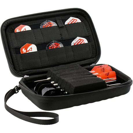 Open black XL darts case with six darts, red flights, and spare flights in elastic pockets, angled view for dart storage organization