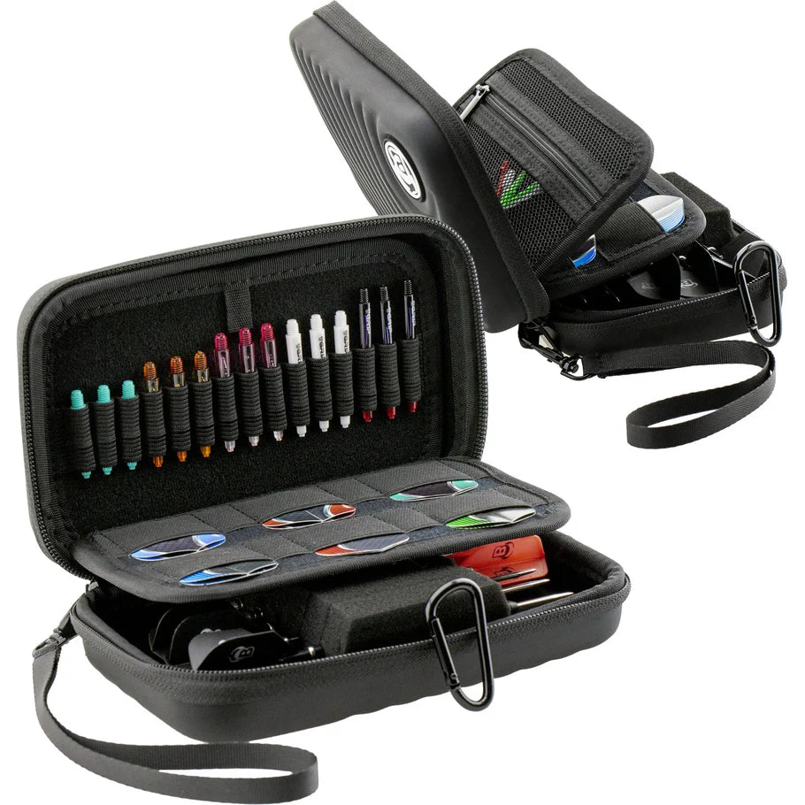 Angled view of open XL black darts cases with organized dart shafts, flights, and accessories in foam and mesh compartments