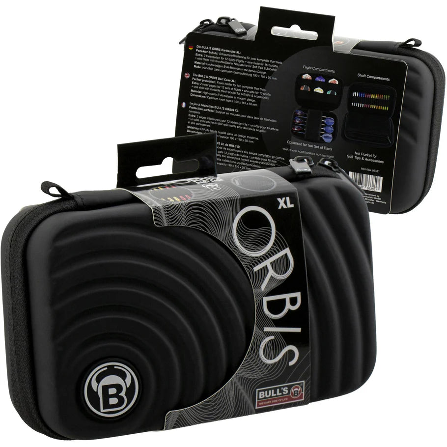 Angled view of two XL black dart cases in retail packaging, highlighting durable shell and storage features for darts accessories.