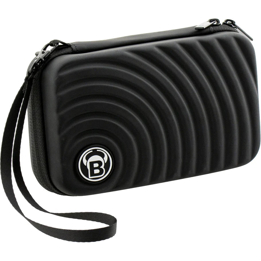Black XL darts case with rippled hard shell, zipper closure, and detachable wrist strap, shown angled on white background