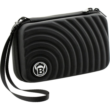 Black XL darts case with rippled hard shell, zipper closure, and detachable wrist strap, shown angled on white background