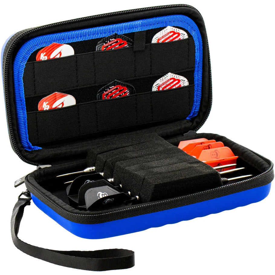 Open blue dart case with foam slots holding assembled darts and extra dart flights, angled view highlighting storage and protection features
