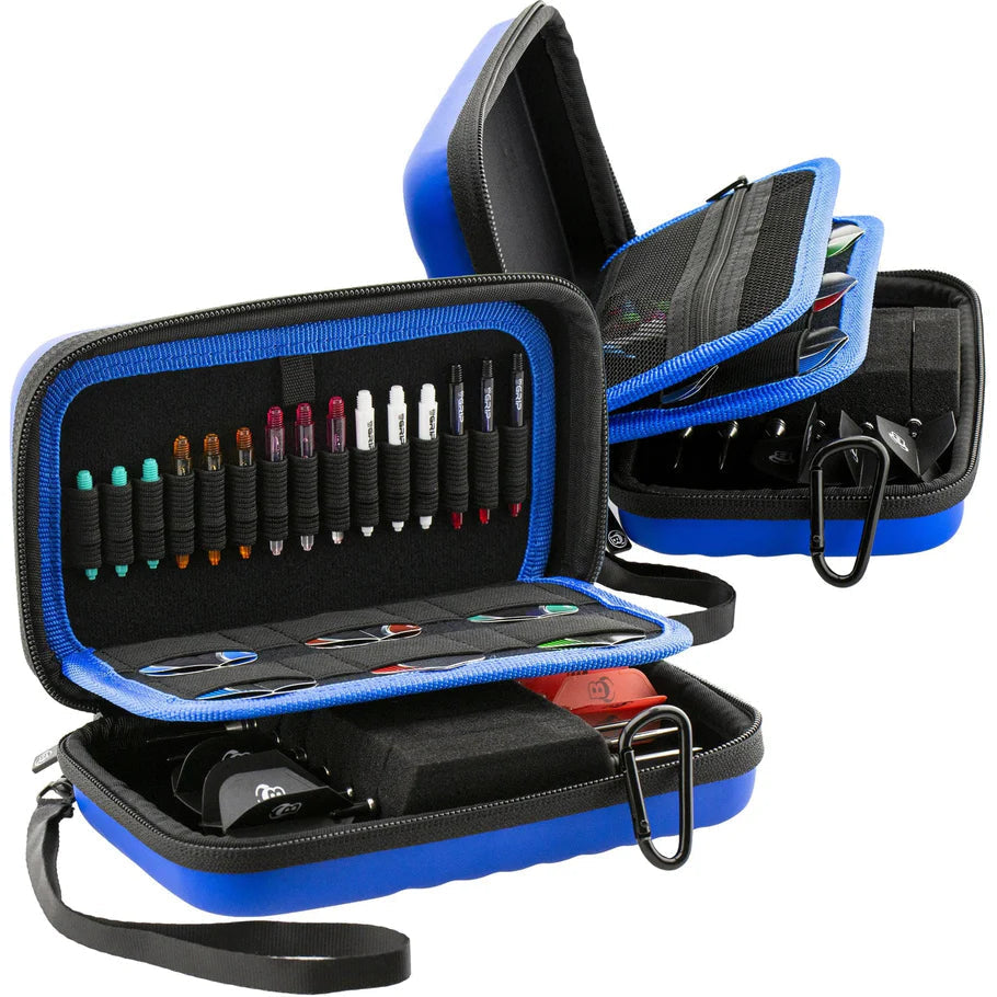 Angled view of two open blue XL darts cases displaying organized dart shafts, flights, compartments, and zippered mesh pockets