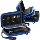 Angled view of two open blue XL darts cases displaying organized dart shafts, flights, compartments, and zippered mesh pockets