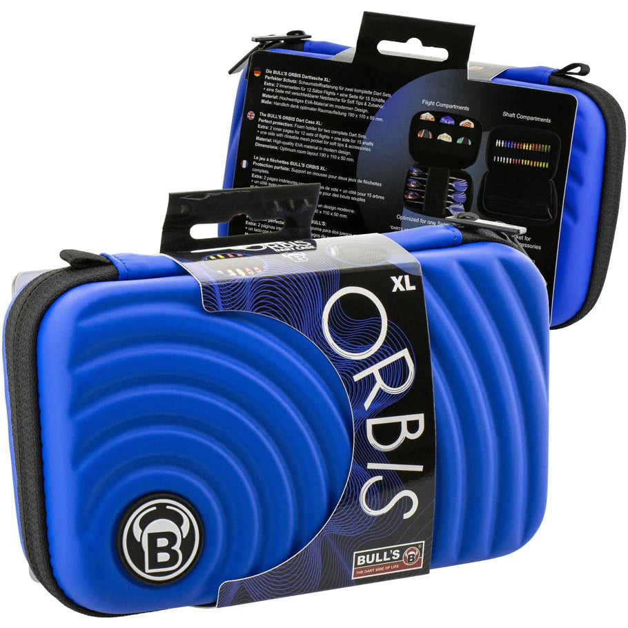Angled view of blue XL darts case in retail packaging, textured hard shell, shown front and back for dart storage buyers