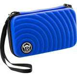 Angled view blue darts case with wrist strap, hard shell and ripple texture, isolated on white background