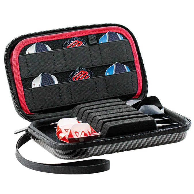 Open carbon grey dart case angled to show foam slots with assembled darts and pockets storing extra dart flights
