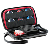 Open carbon grey dart case angled to show foam slots with assembled darts and pockets storing extra dart flights
