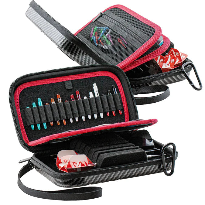 Open carbon grey darts case angled to display interior storage for shafts, flights, and accessories, organized foam inserts for dart gear