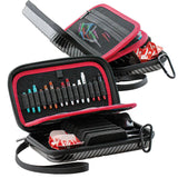 Open carbon grey darts case angled to display interior storage for shafts, flights, and accessories, organized foam inserts for dart gear