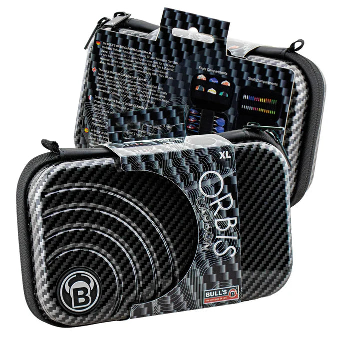 Full view of two Orbis XL carbon grey darts cases in packaging, carbon fiber finish, display shows storage features