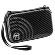 Angled view of carbon grey darts case with textured exterior, wrist strap, and secure zipper, isolated on white background