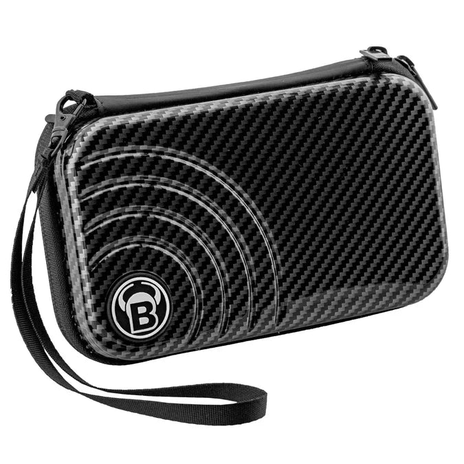 Angled view of carbon grey darts case with textured exterior, wrist strap, and secure zipper, isolated on white background