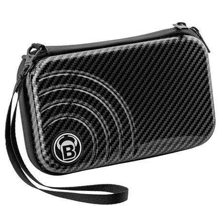 Angled view of carbon grey darts case with textured exterior, wrist strap, and secure zipper, isolated on white background