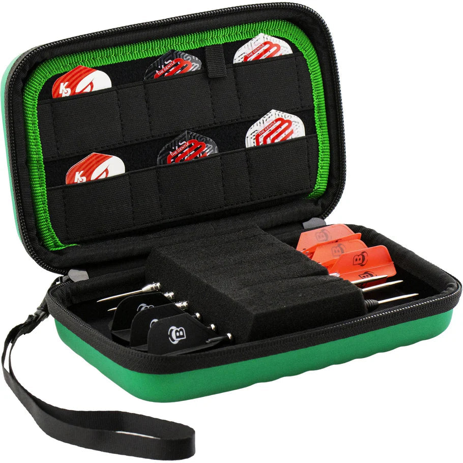 Open green darts case angled to show three assembled darts, spare flights, secure foam slots, and elastic flight pockets