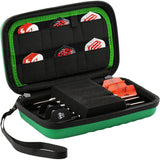 Open green darts case angled to show three assembled darts, spare flights, secure foam slots, and elastic flight pockets