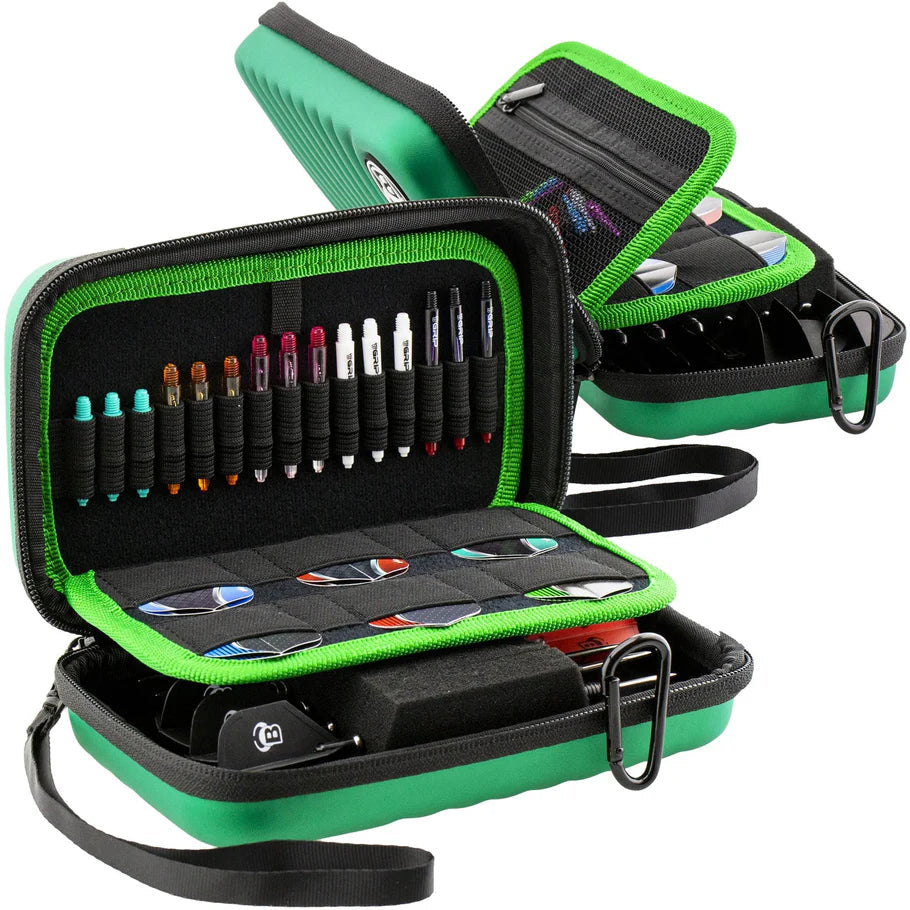 Angled view of green XL darts case open to show organized dart shafts, flights, compartments, and zippered mesh pocket for dart accessories