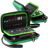 Angled view of green XL darts case open to show organized dart shafts, flights, compartments, and zippered mesh pocket for dart accessories