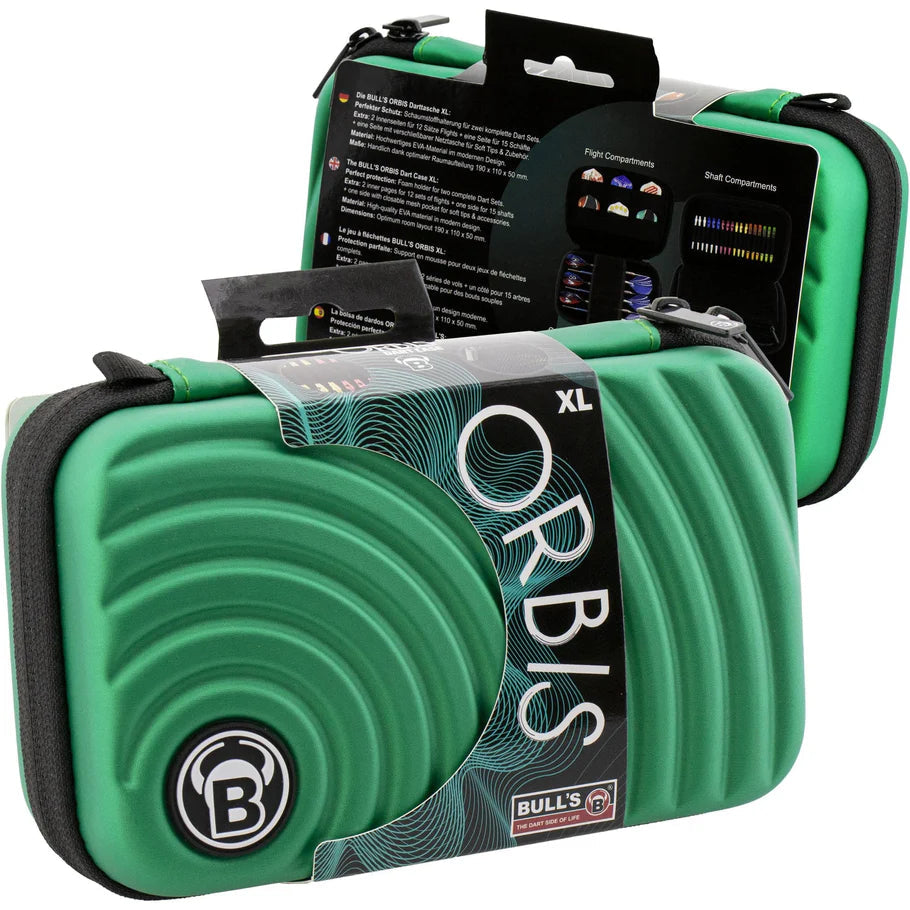 Angled view of two green Orbis XL dart cases in retail packaging, featuring ridged hard shell design and organized dart storage information.