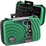 Angled view of two green Orbis XL dart cases in retail packaging, featuring ridged hard shell design and organized dart storage information.