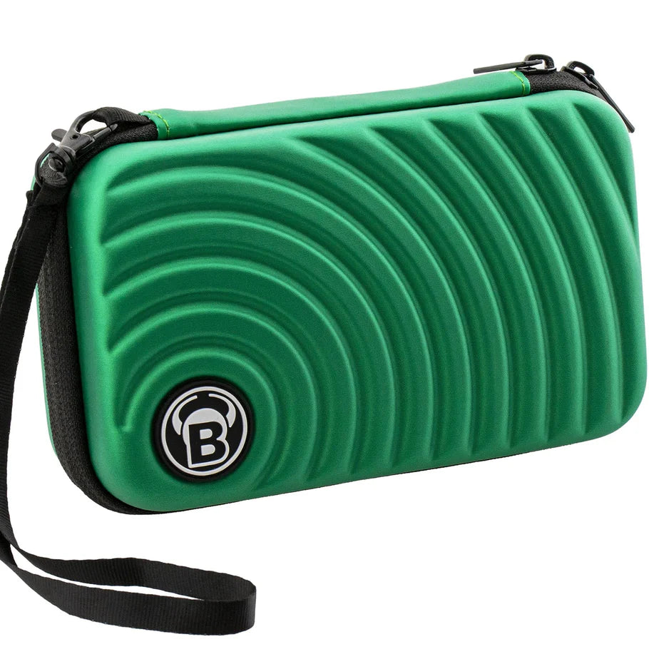 Green XL darts case with textured hard shell, wrist strap, and secure zipper, angled view on white background