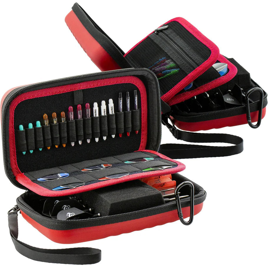 Red darts case open at an angle with multiple shafts, flights, storage compartments, and organized dart accessories on display