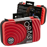 Angled view of two red Orbis XL dart cases in retail packaging, showing hard shell texture and dart storage features for players