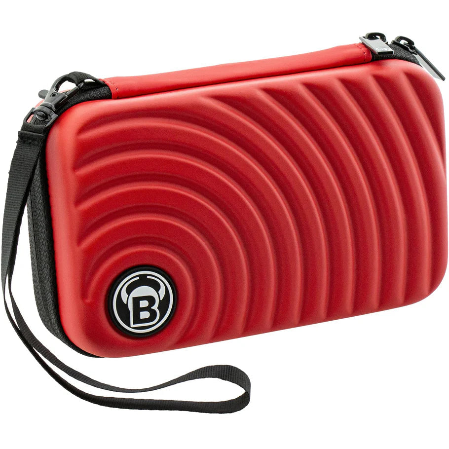 Red XL darts case with textured hard shell and wrist strap, angled view, isolated on white background