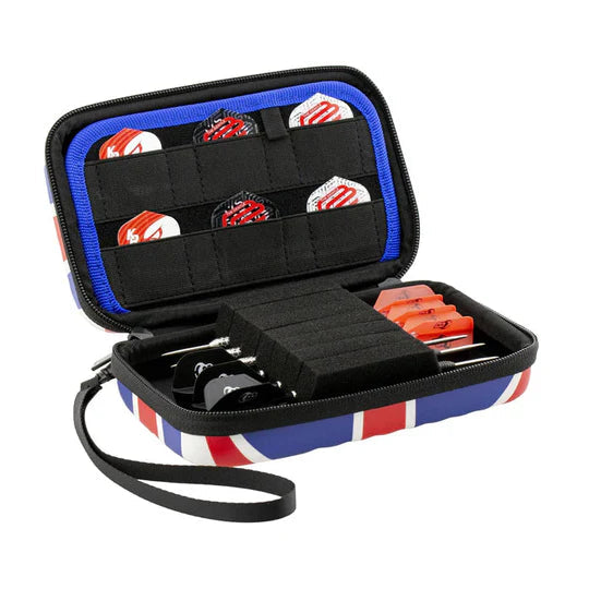 Open Union Jack dart case angled to show organized dart storage, with six flights and three assembled darts in foam slots