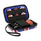 Open Union Jack dart case angled to show organized dart storage, with six flights and three assembled darts in foam slots