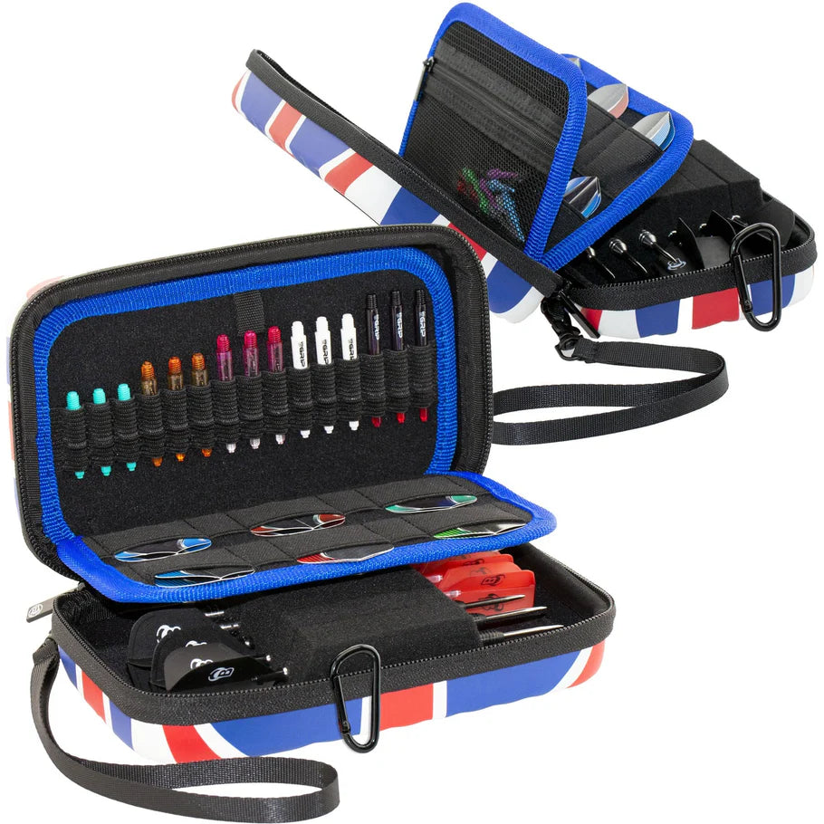 Angled view of Union Jack dart case open to display spacious interior, showing dart shafts, flights, barrels, and accessory pockets