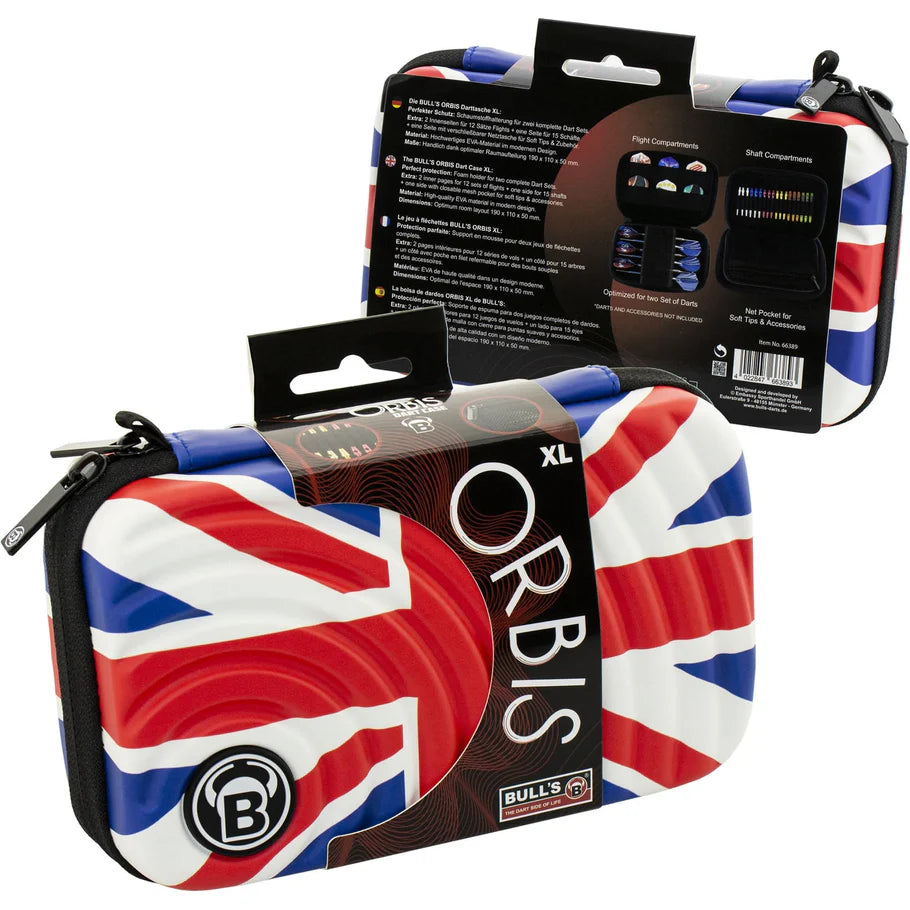 Angled view of two XL dart cases with Union Jack design in packaging, showcasing storage for flights and shafts