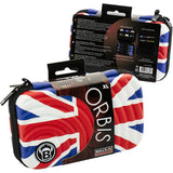 Angled view of two XL dart cases with Union Jack design in packaging, showcasing storage for flights and shafts
