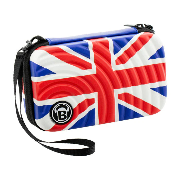 Union Jack dart case angled view, hard shell with wrist strap, isolated on white background for dart accessories storage