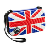Union Jack dart case angled view, hard shell with wrist strap, isolated on white background for dart accessories storage