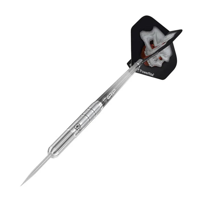 Angled view of single 80% tungsten dart isolated on white, highlighting precision grip barrel and skull design flight for dart players.