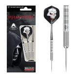 80 percent tungsten darts set with skull flights, retail packaging and close-up on precision grip barrels, two darts isolated on white