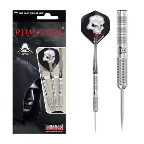 80 percent tungsten darts set with skull flights, retail packaging and close-up on precision grip barrels, two darts isolated on white