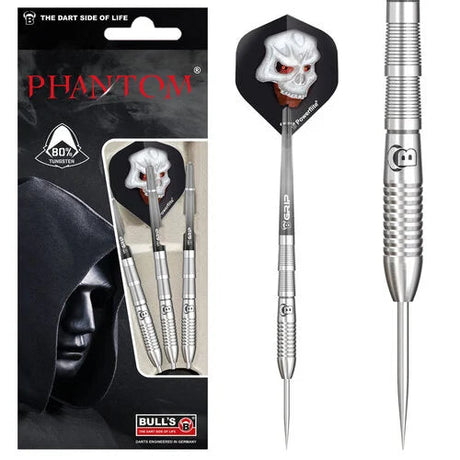 Tungsten darts set in retail packaging with close-up on skull flights and 80% tungsten ring grip barrels, ideal for precision dart players