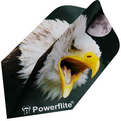 Angled close-up of slim dart flight with detailed eagle and moon graphic, sharp edges, and Powerflite logo for darts