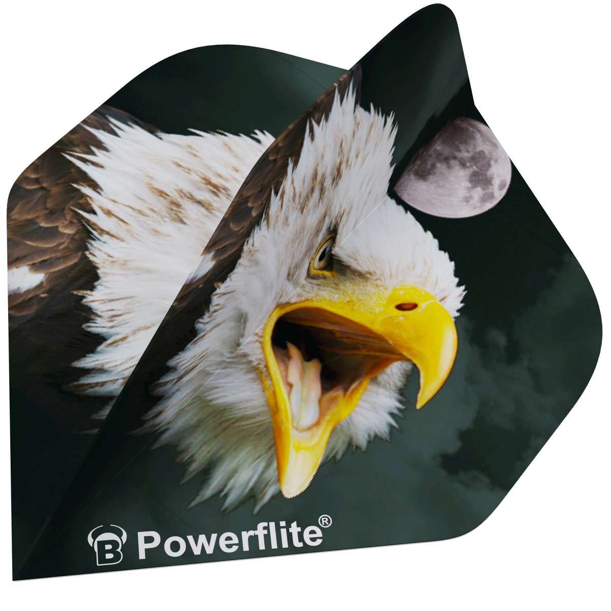 Close-up angled shot of a Powerflite No.2 dart flight featuring detailed eagle artwork and moon, ideal for steel tip or soft tip darts