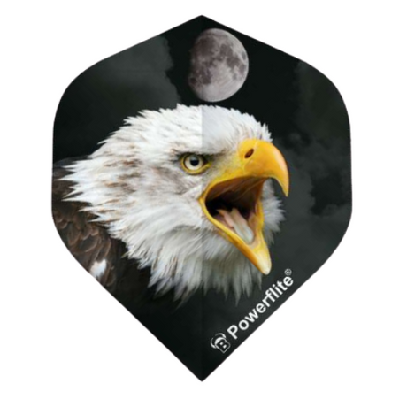 Full view dart flight with fierce eagle and moon design, Powerflite logo, isolated on white background