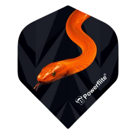 Single dart flight with black background, orange snake design, and Powerflite logo, isolated full product view