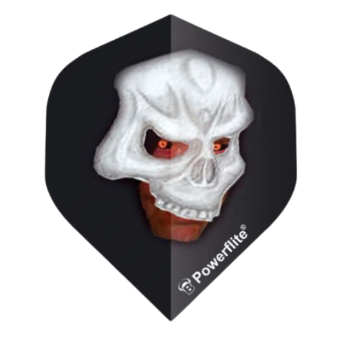 Powerflite Phantom No.2 dart flight in full view, black with white skull design, isolated on white background