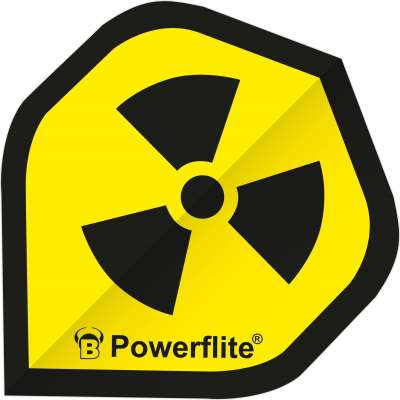 Single yellow dart flight with black radiation symbol, full product view on white background, Powerflite logo at base