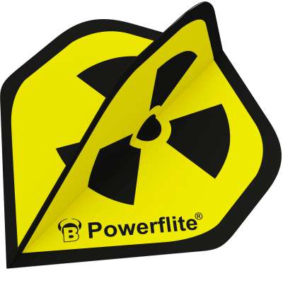 Angled close-up of three dart flights fanned out, featuring yellow radiation design and Powerflite logo, isolated on white background