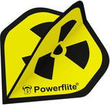 Angled close-up of three dart flights fanned out, featuring yellow radiation design and Powerflite logo, isolated on white background