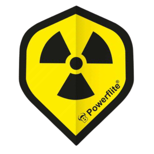 Single dart flight with yellow and black radiation symbol, polygonal shape, isolated on white, Powerflite darts accessory