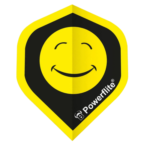 Single yellow dart flight with black border featuring a smiley face design, full front view, isolated on white background