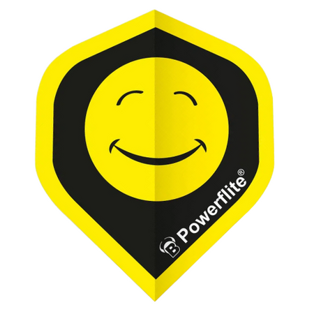 Single yellow dart flight with black border featuring a smiley face design, full front view, isolated on white background